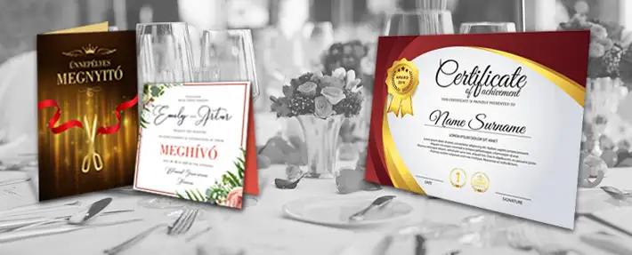 Meghívó, képeslap, üdözlőlap, oklevél nyomtatás